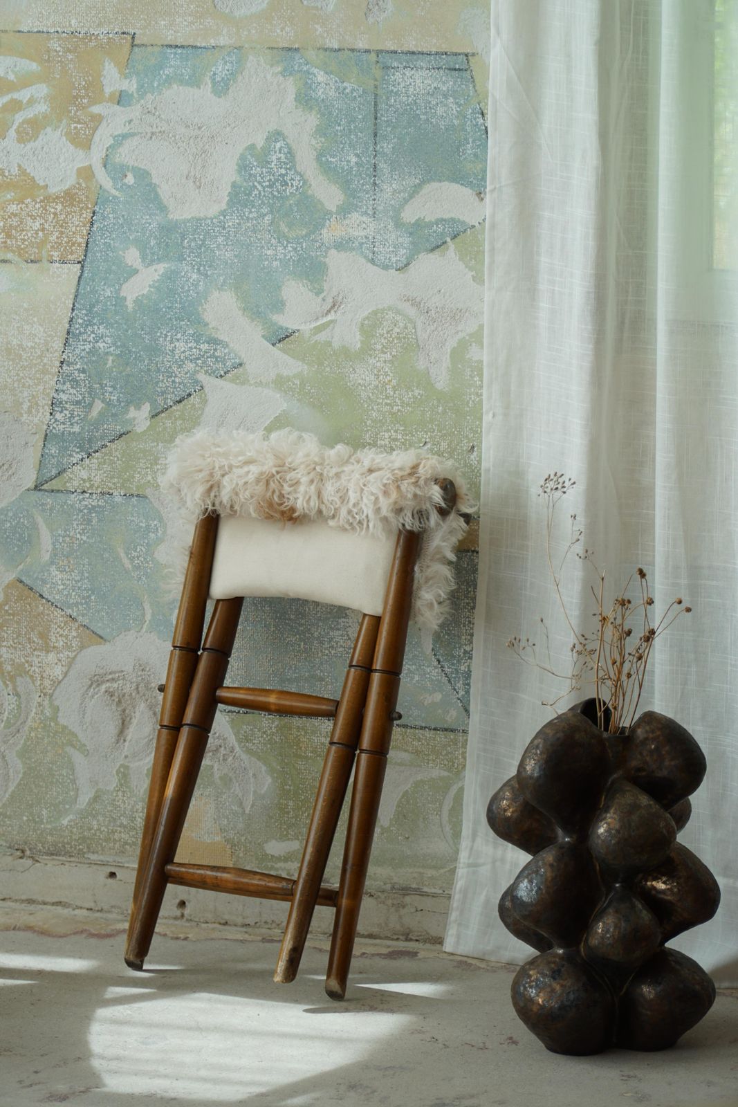 Foldable Stool, Reupholstered In Longhaired Sheepskin, Mid Century Modern, 1950s photo furniture