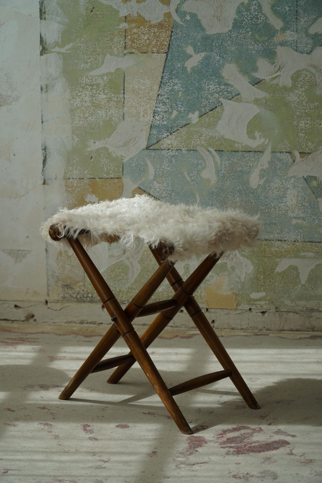 Foldable Stool, Reupholstered In Longhaired Sheepskin, Mid Century Modern, 1950s photo Furniture