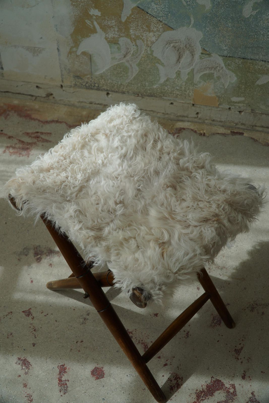 Foldable Stool, Reupholstered In Longhaired Sheepskin, Mid Century Modern, 1950s photo buy
