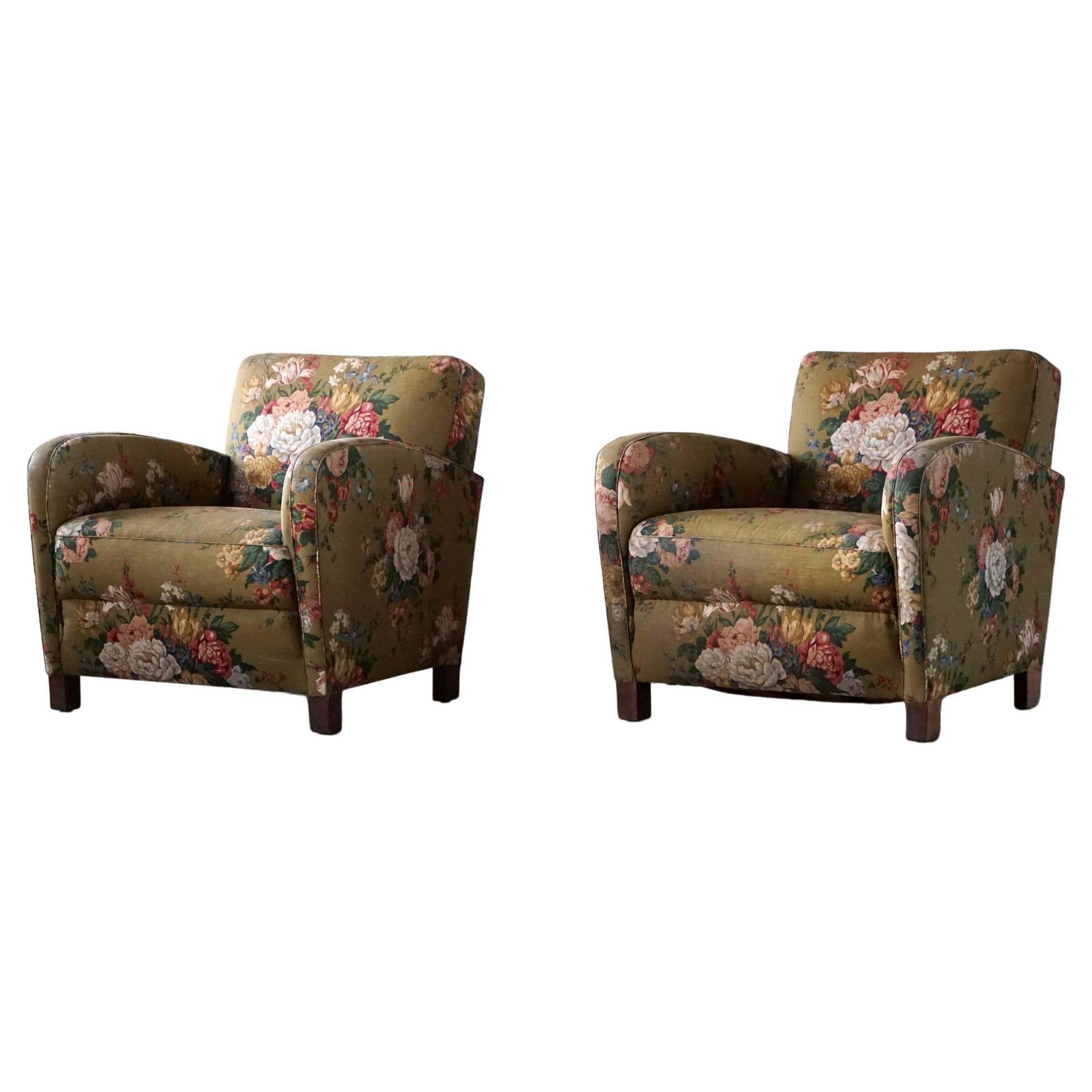 Danish Mordern Pair Of Curved Lounge Chairs, Original Fabric, Fritz Hansen, 1940