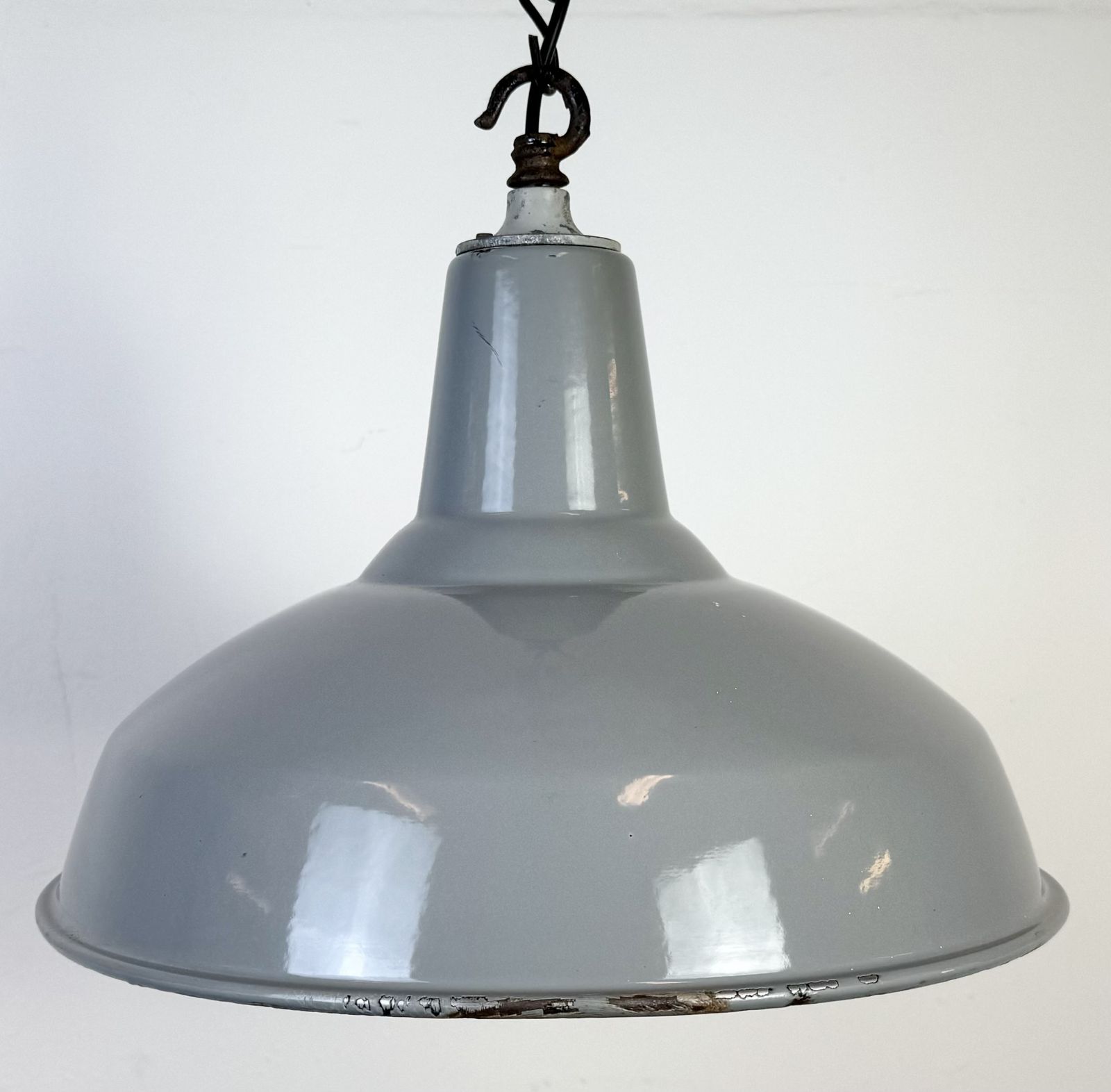 Industrial British Grey Enamel Factory Pendant Lamp, 1960s, 2x photo furniture
