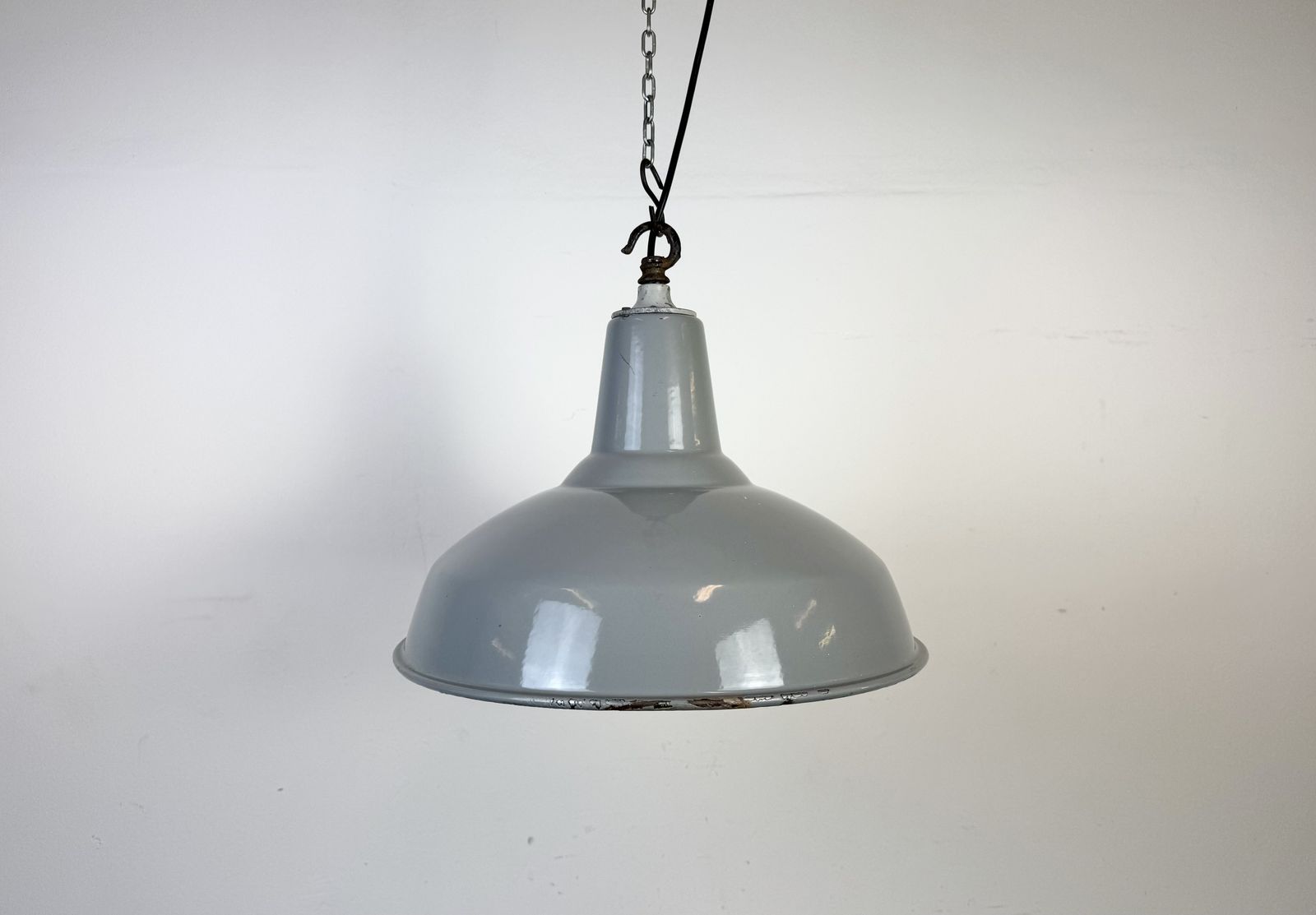 Industrial British Grey Enamel Factory Pendant Lamp, 1960s, 2x photo for sale