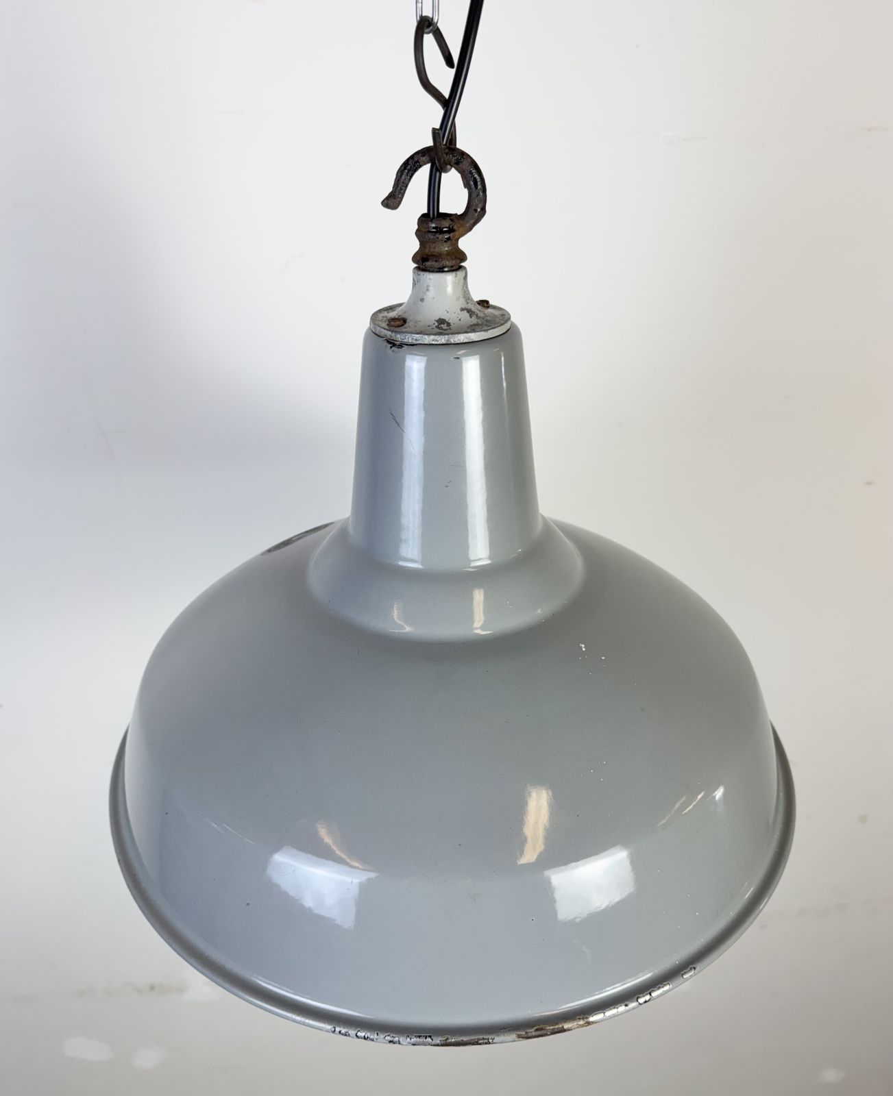 Industrial British Grey Enamel Factory Pendant Lamp, 1960s, 2x photo Lighting