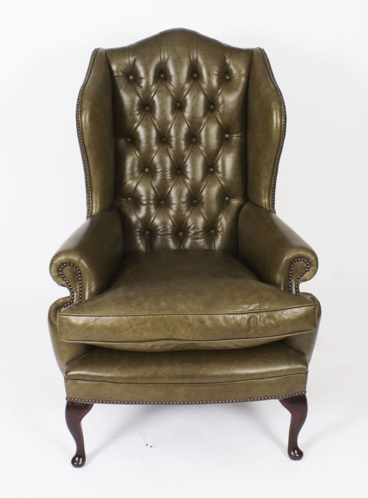 Bespoke Pair Leather Queen Anne Wingback Armchairs Alga Green photo for sale