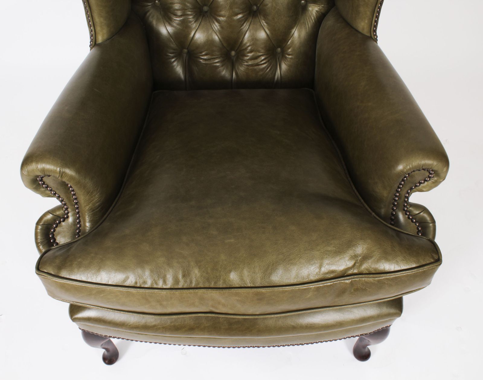 Bespoke Pair Leather Queen Anne Wingback Armchairs Alga Green photo 3900.0
