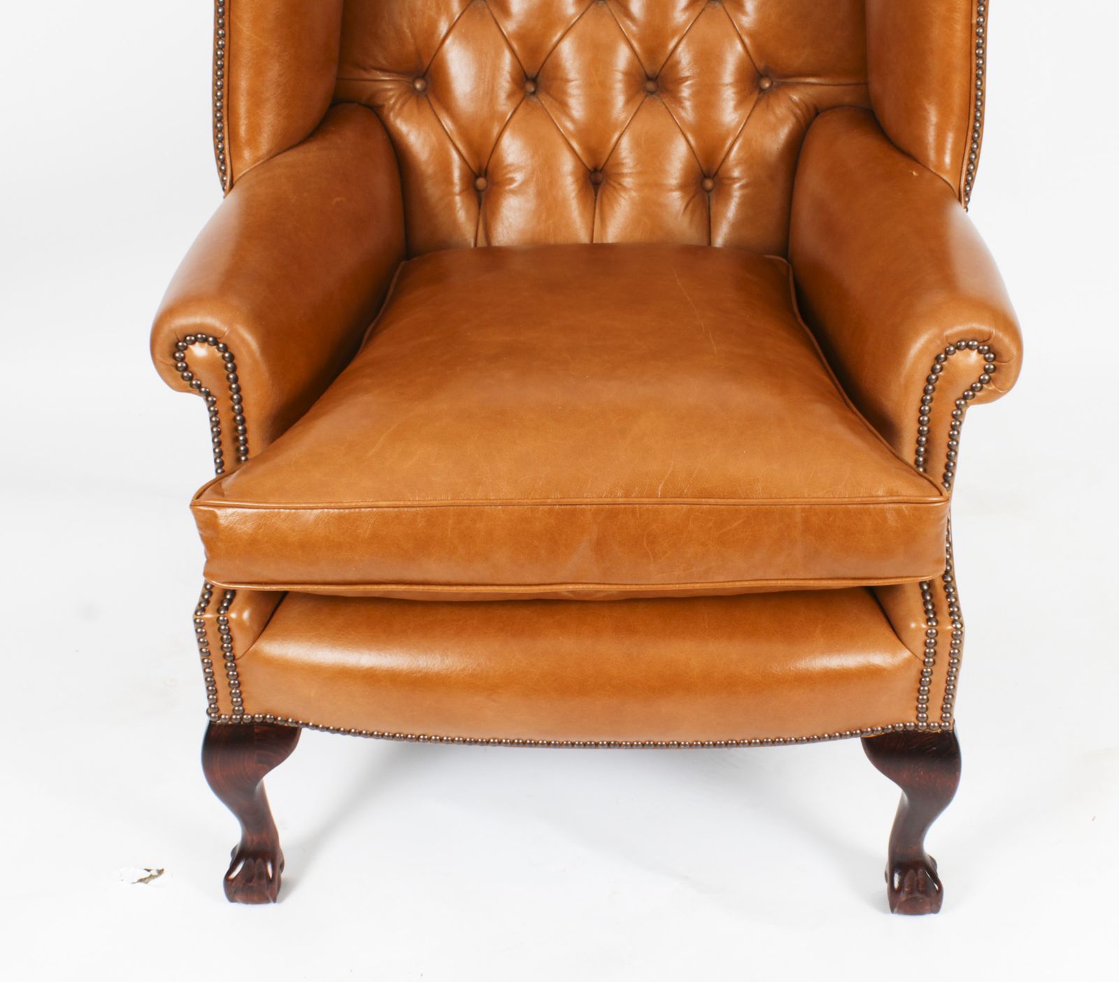 Bespoke Pair Leather Chippendale Wingback Armchairs & Pair Stools  Bruciato photo vintage