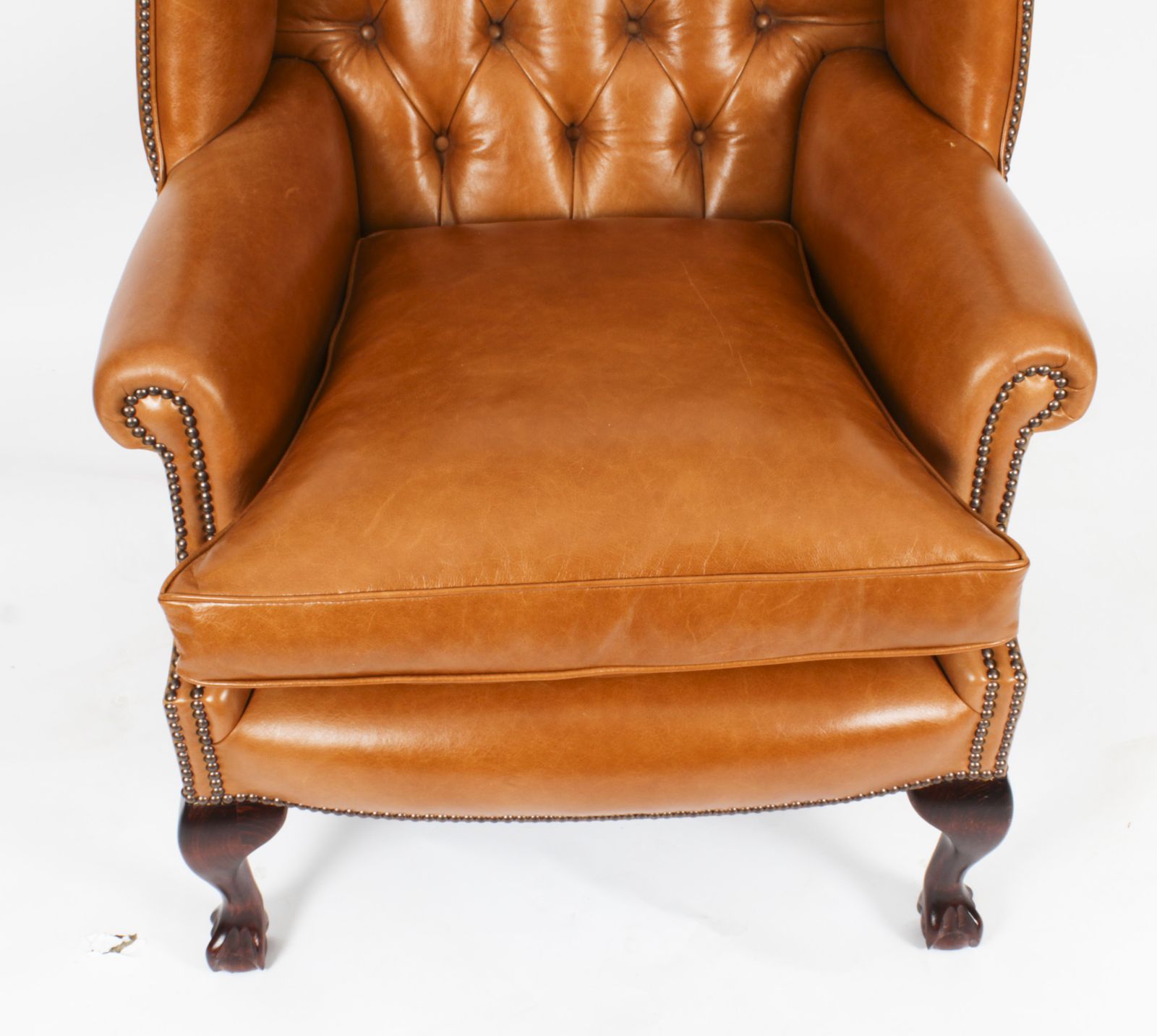photo vinterior Bespoke Pair Leather Chippendale Wingback Armchairs & Pair Stools  Bruciato