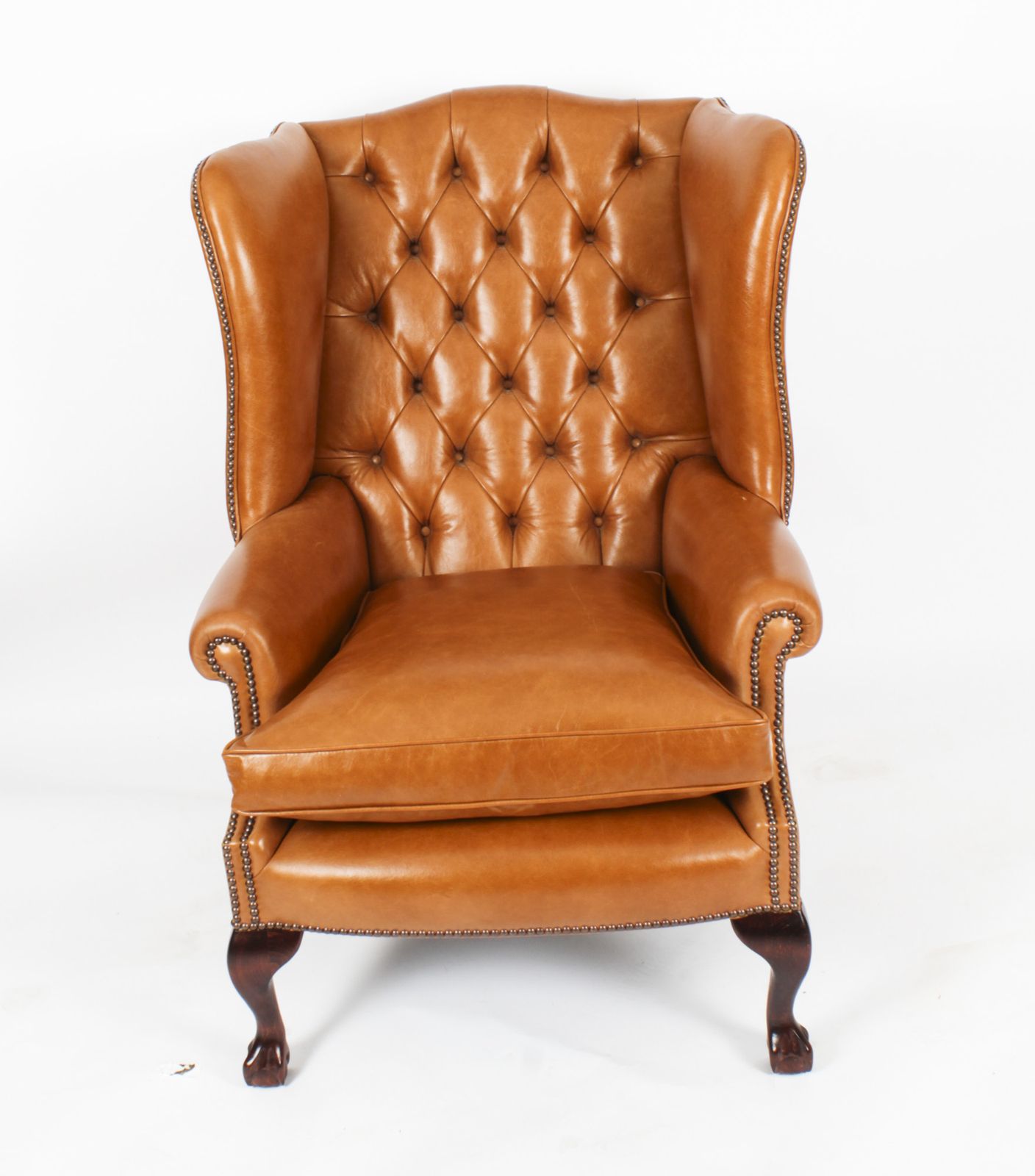 photo vintage Bespoke Pair Leather Chippendale Wingback Armchairs & Pair Stools  Bruciato