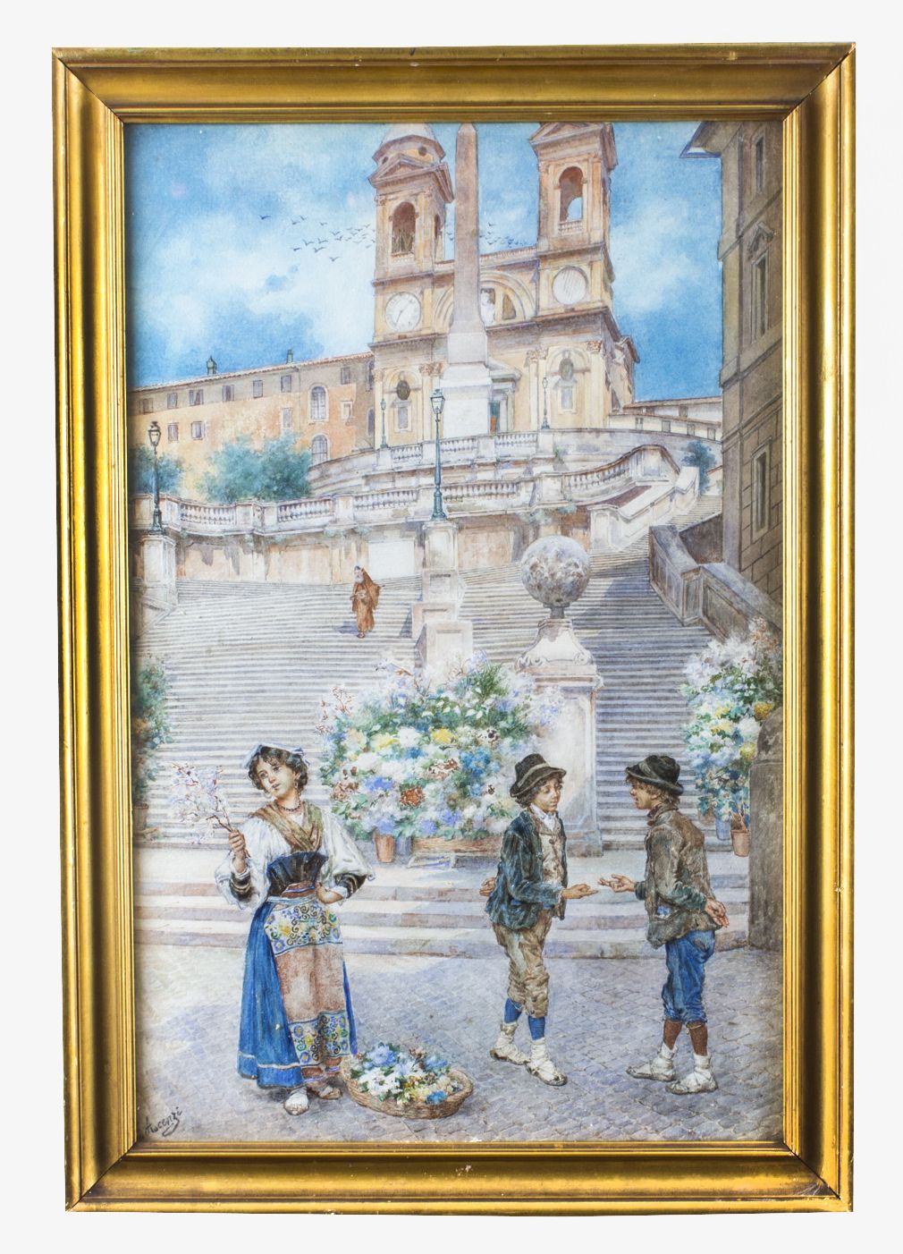 Antique Watercolour Of The Spanish Steps, Rome,  Ettore Ascenzi 19th C