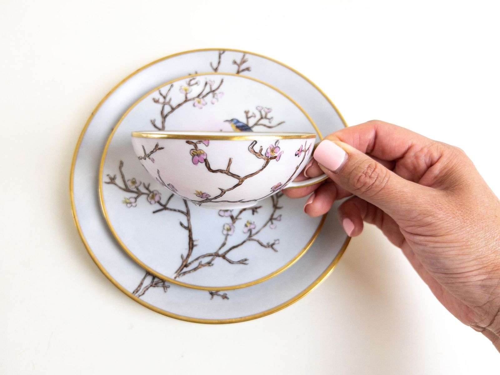 Unique Arzberg Porcelain Teacups, Saucer And Dessert Plates, Set Of 5, 15 Pcs.   Hand Painted Spring Decor   Gold Gilding   Made In Germany