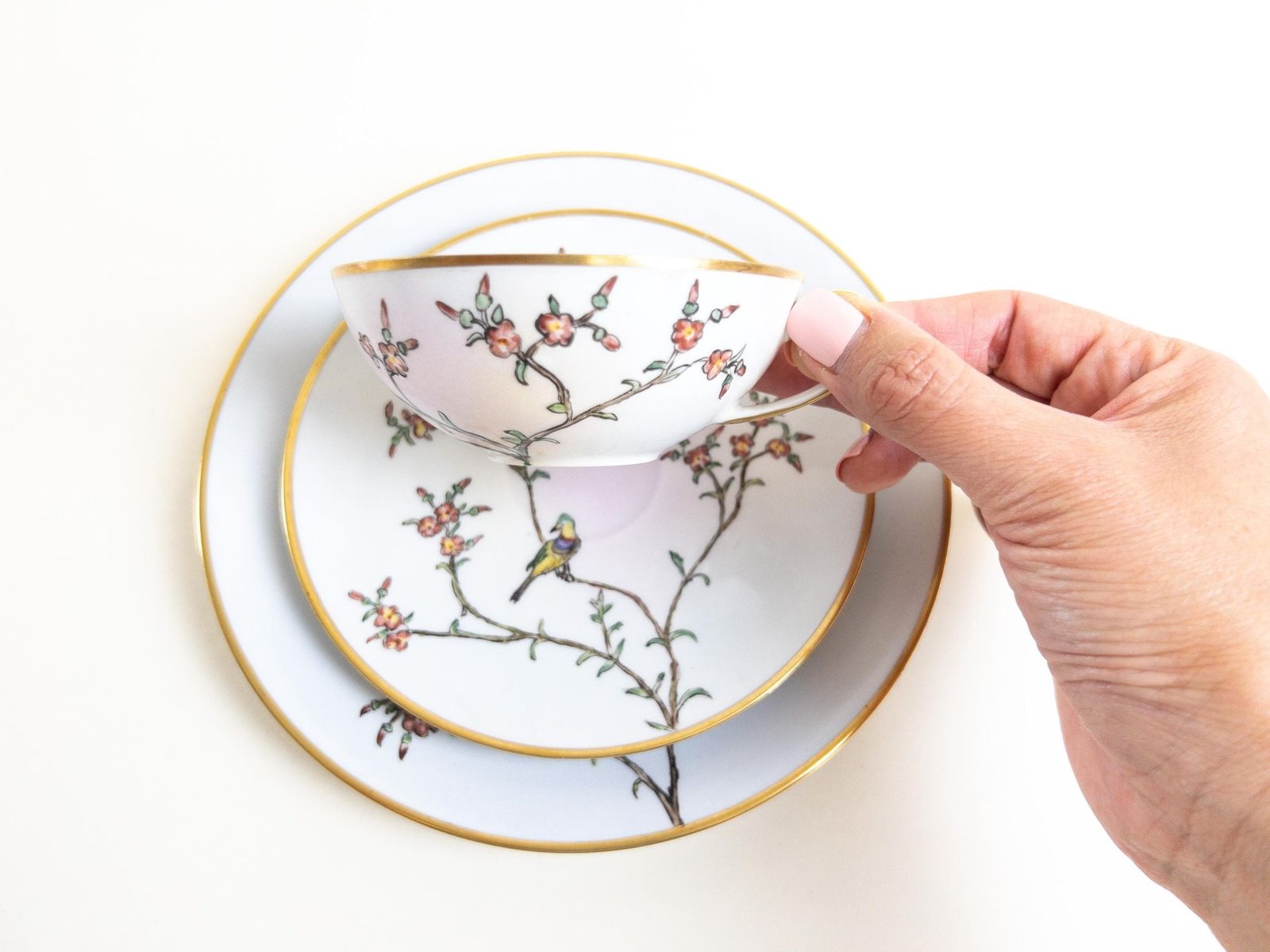 Unique Arzberg Porcelain Teacups, Saucer And Dessert Plates, Set Of 5, 15 Pcs.   Hand Painted Spring Decor   Gold Gilding   Made In Germany photo furniture