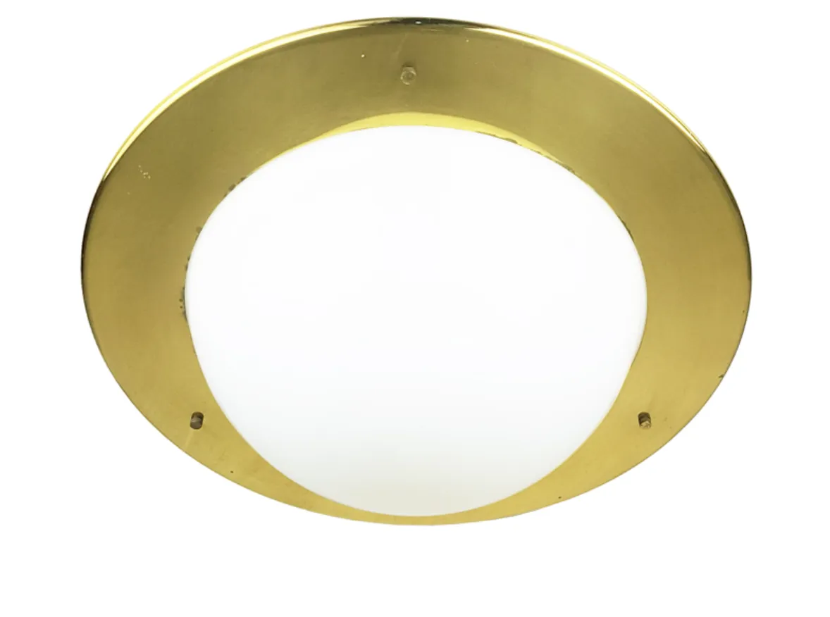 White Opaline Glass Shade & Brass Frame Flush Mount Lamps, 1970s, Set Of 2 photo Lighting