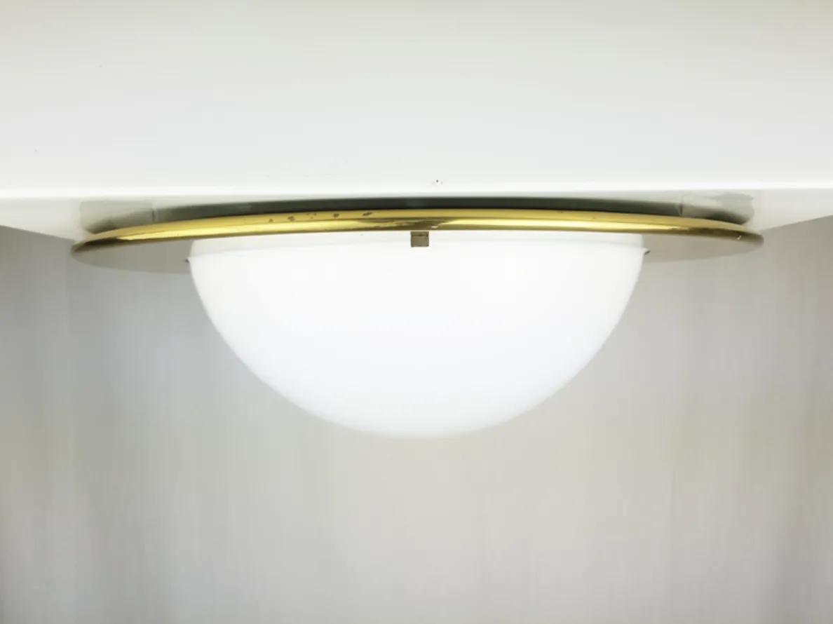 White Opaline Glass Shade & Brass Frame Flush Mount Lamps, 1970s, Set Of 2 photo vinterior