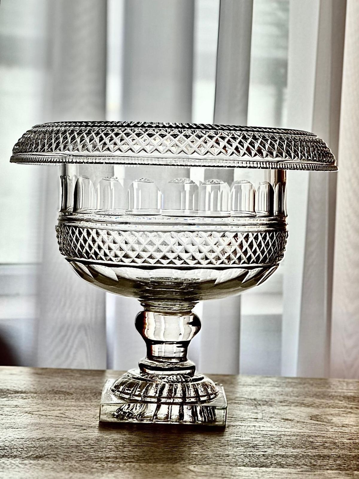 Antique Anglo Irish Cut Glass Pedestal Bowl (C.1820–1840, Turned Over Rim, Diamond Cut, Lemon Squeezer Base) photo for sale