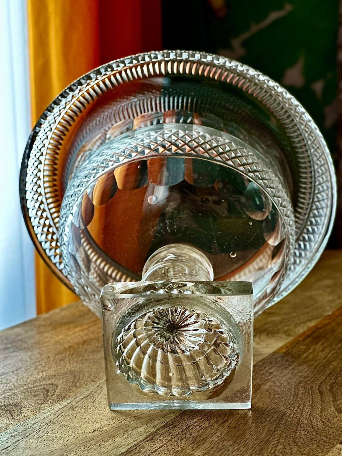 Antique Anglo Irish Cut Glass Pedestal Bowl (C.1820–1840, Turned Over Rim, Diamond Cut, Lemon Squeezer Base) photo Home Decor