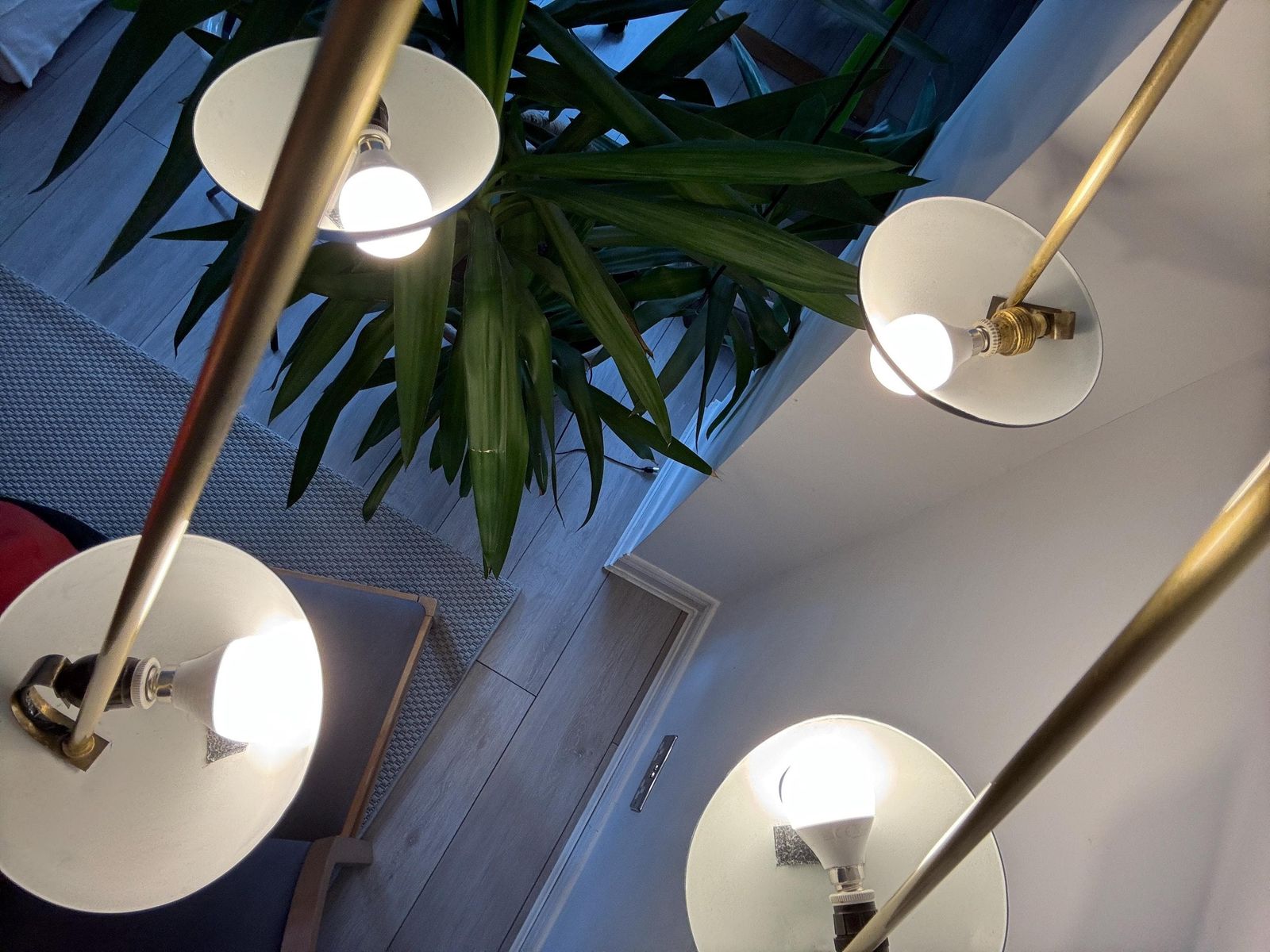 photo for sale Space Age Chandelier In Brass And Lacquered Aluminium  Stilnovo Style, Italy 1958