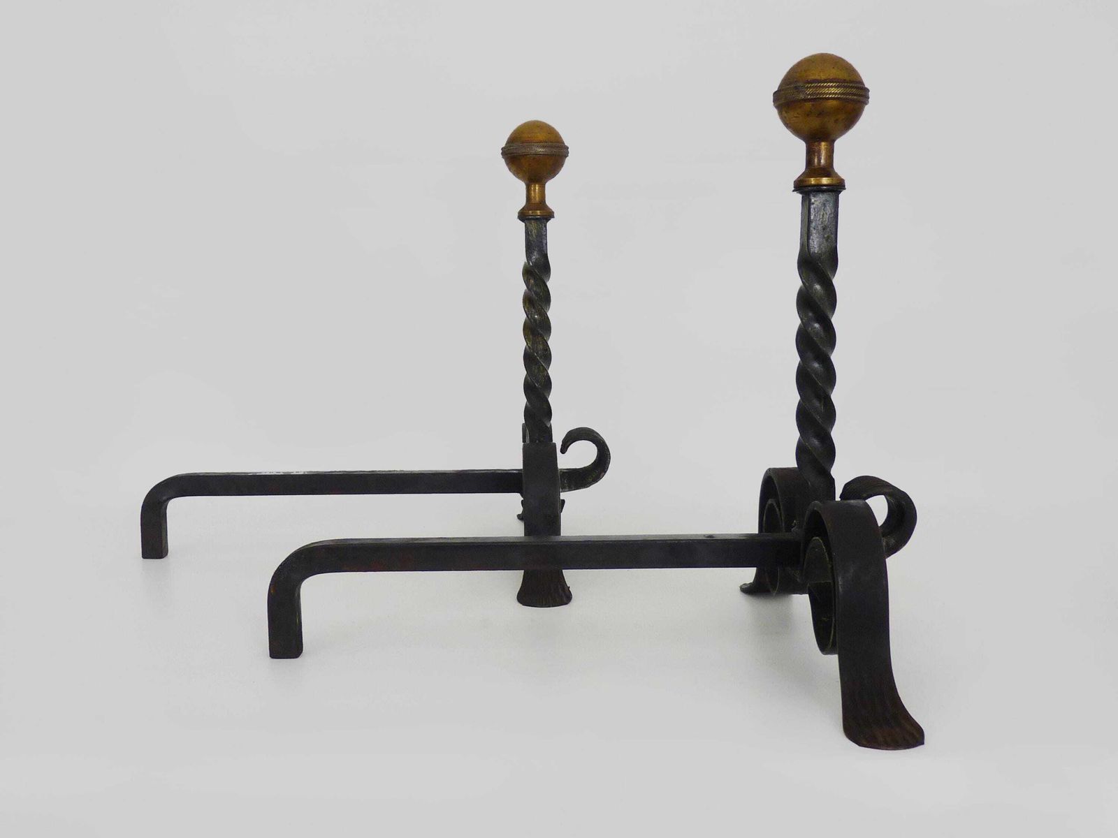 Large Pair Of Wrought Iron And Brass Ball Fireplace Andirons. France 19th Century. photo vinterior