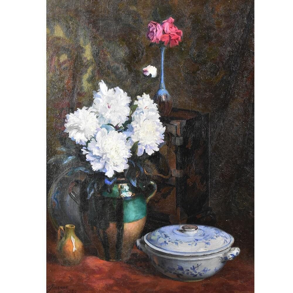 Antique Painting With Flowers, Art Deco, White Peonies, Still Life Oil Painting, XX Century. photo for sale