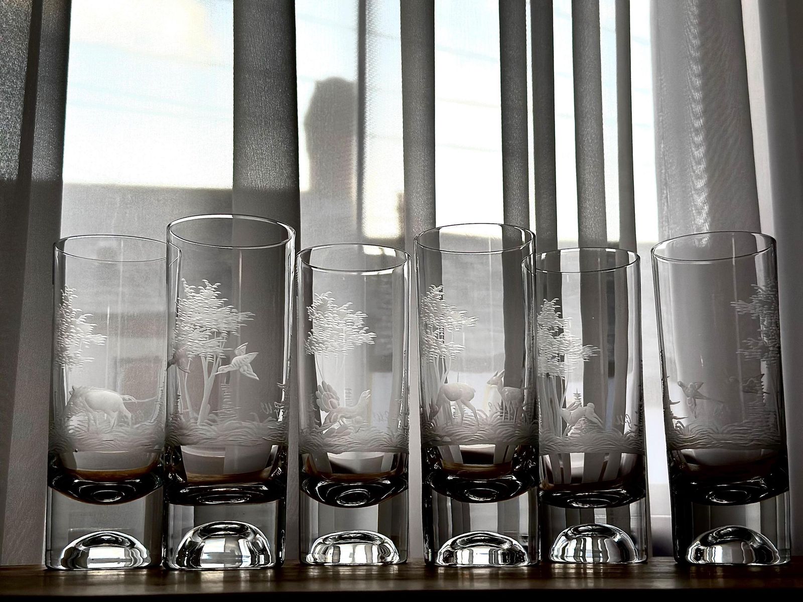 Set Of 7 Bohemian Etched Crystal Highball Glasses, G.W. Wilhelm Glassworks, Hand Blown Double Bottom Barware, Vintage Wildlife Glassware photo furniture