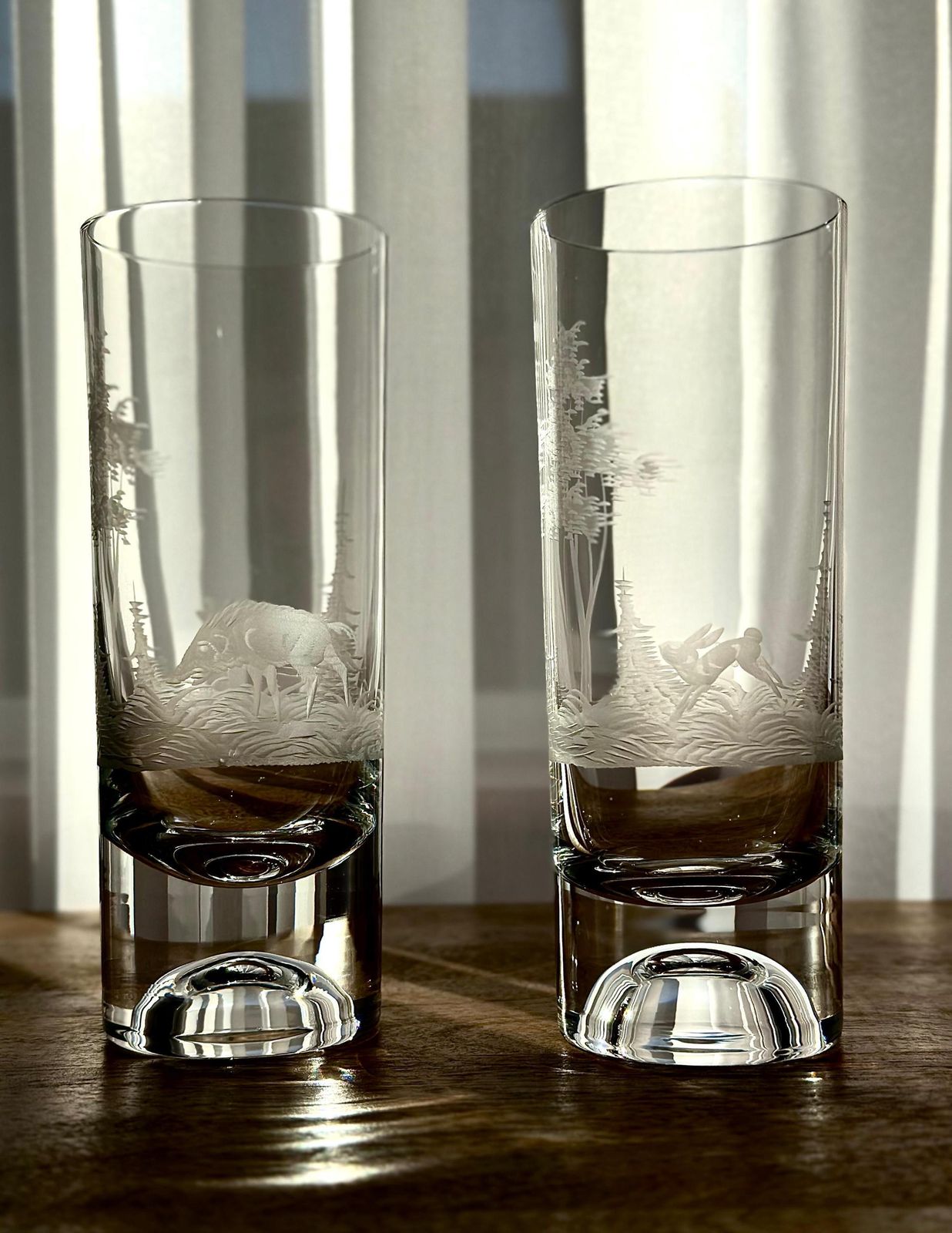 Set Of 7 Bohemian Etched Crystal Highball Glasses, G.W. Wilhelm Glassworks, Hand Blown Double Bottom Barware, Vintage Wildlife Glassware photo for sale