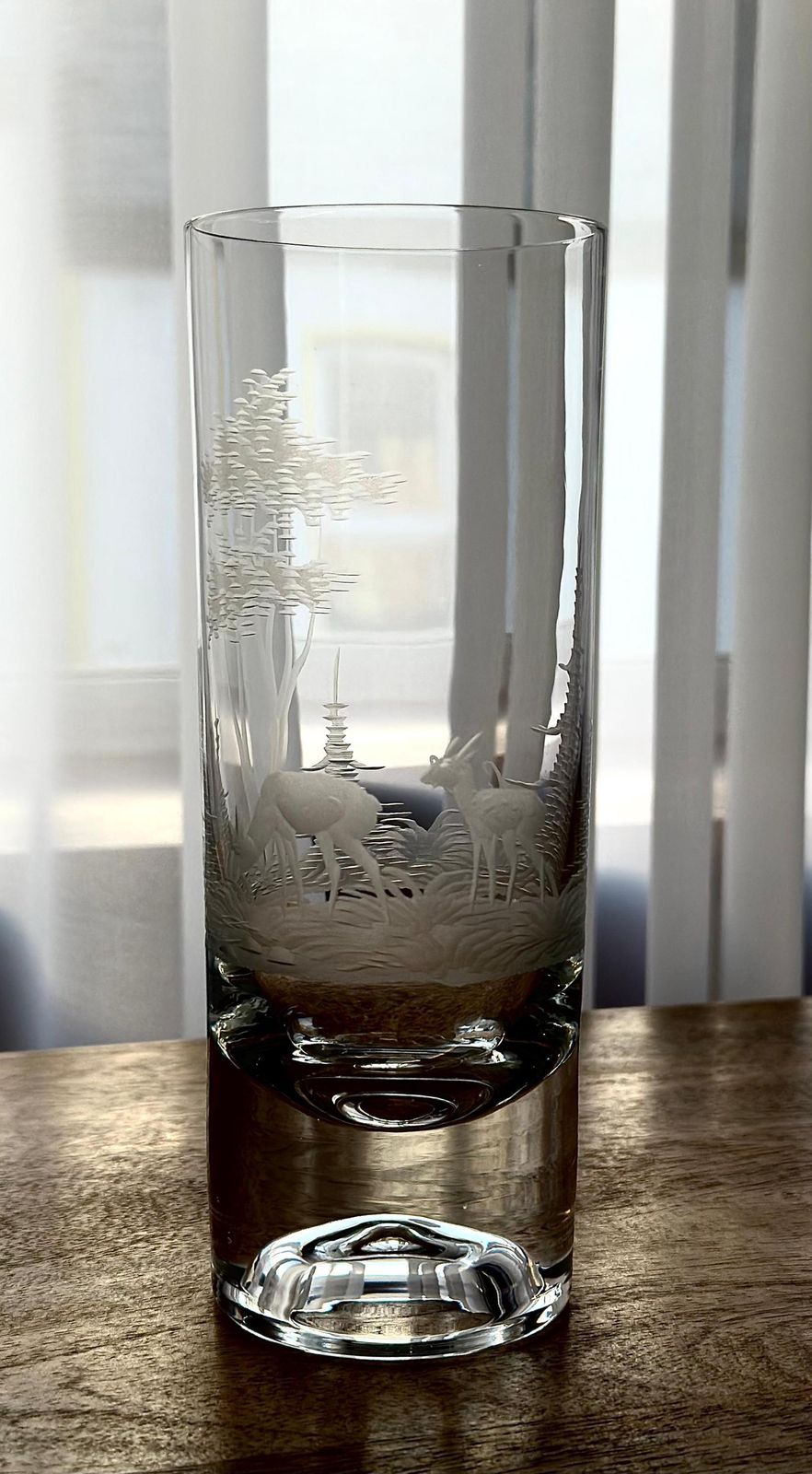 Set Of 7 Bohemian Etched Crystal Highball Glasses, G.W. Wilhelm Glassworks, Hand Blown Double Bottom Barware, Vintage Wildlife Glassware photo vinterior