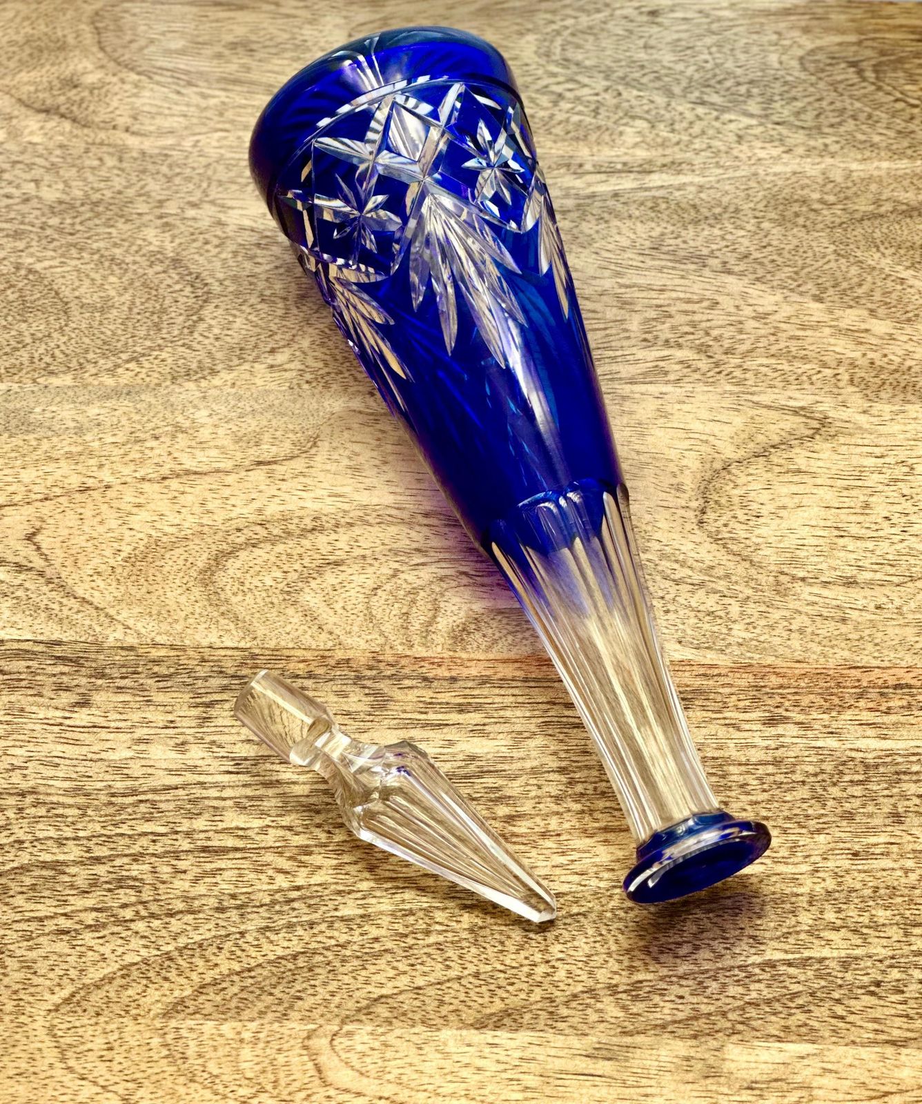 St. Louis Massenet Cut Crystal Decanter And 6 Matching Glasses French Hand Cut Blue & Pink Crystal photo for sale