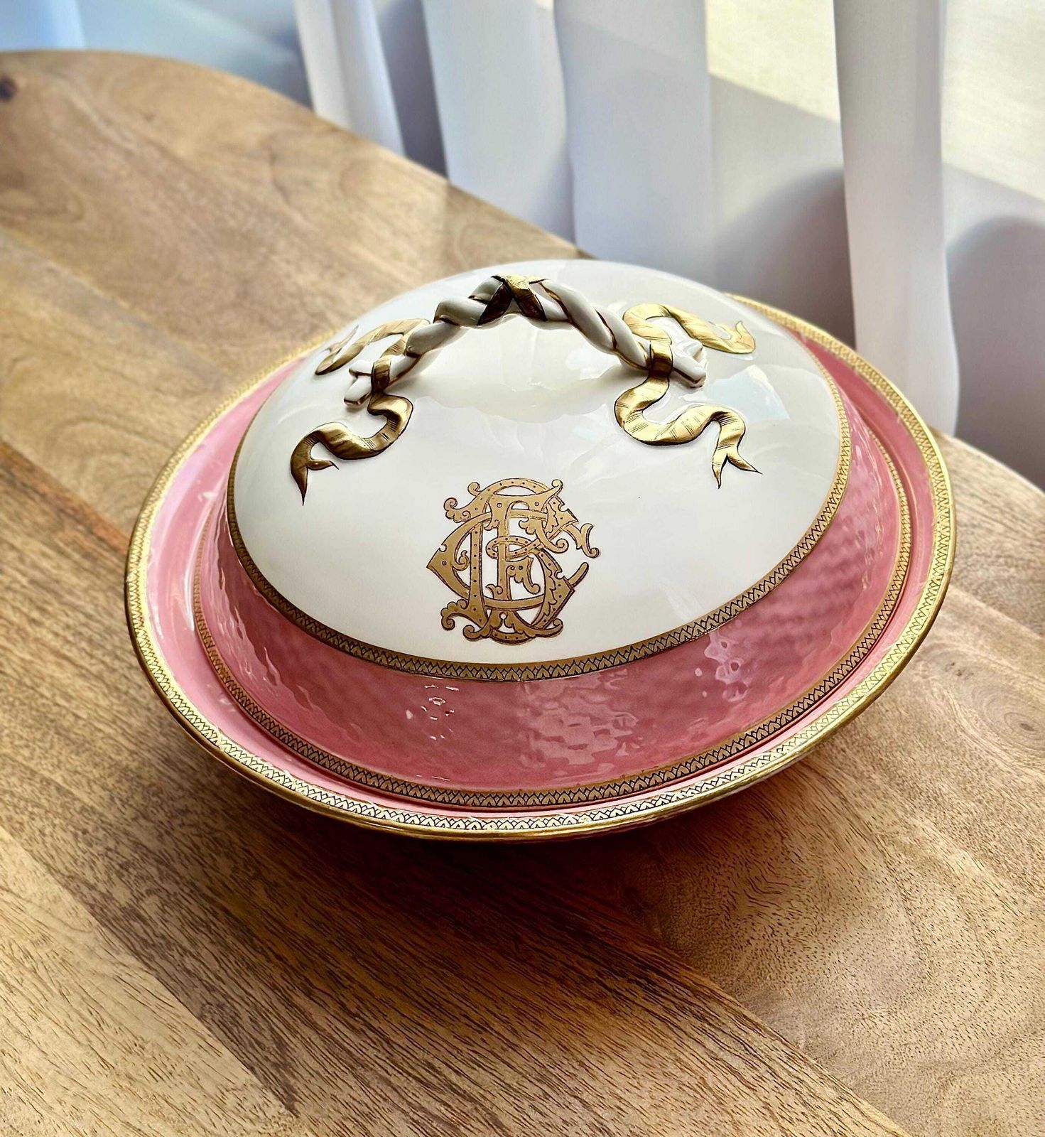 19th Century French Old Paris Porcelain Tureen   Monogrammed With Pink & Gold Detailing   Circa 1860s photo vintage