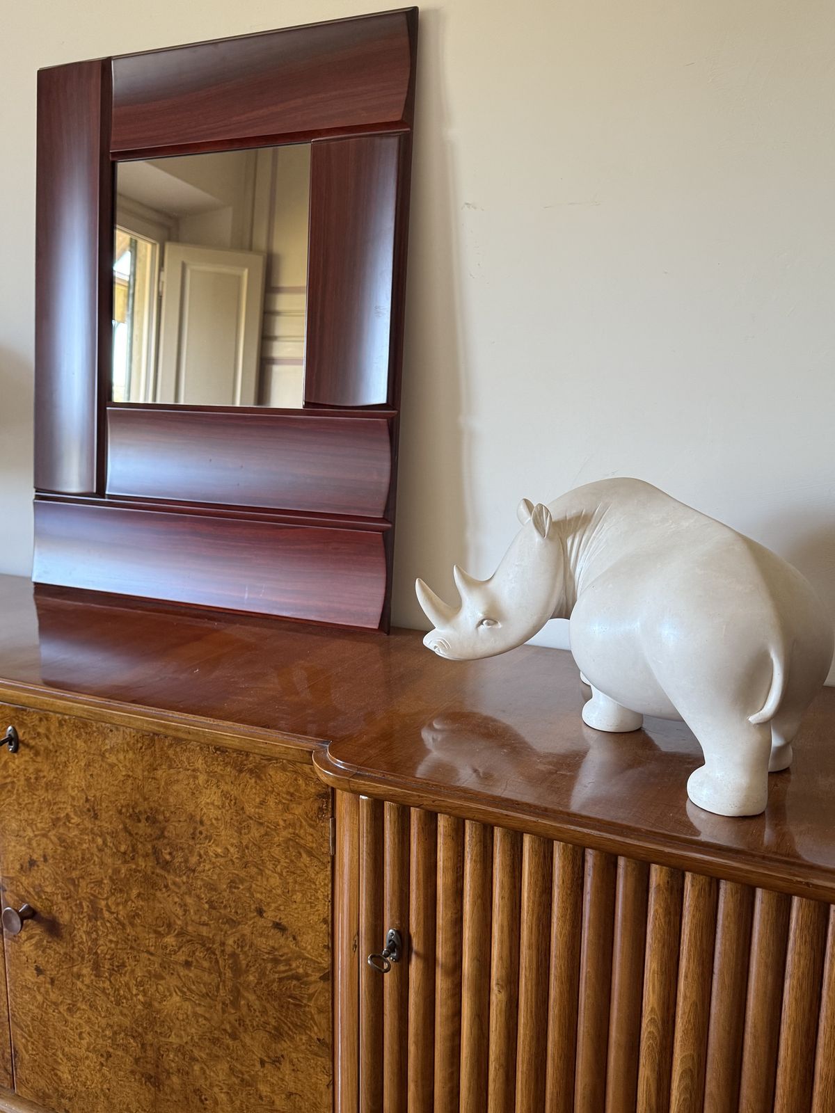 Luciano Frigerio, Hollywood Regency Mod. Tartaro Solid Padouk Wood Mirror, Italy 1970s photo for sale
