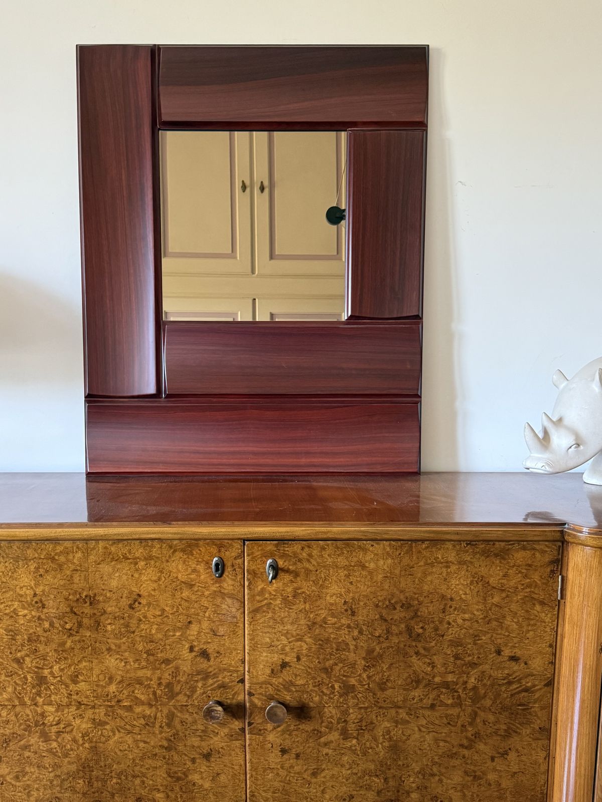 Luciano Frigerio, Hollywood Regency Mod. Tartaro Solid Padouk Wood Mirror, Italy 1970s photo 1500.0