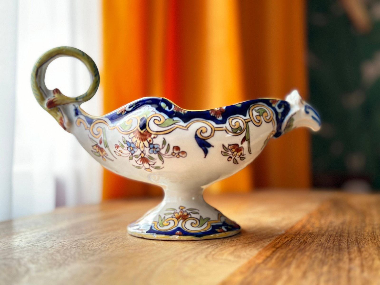Early 20th Century French Faience Rouen Chamber Stick – Hand Painted Antique Candle Holder photo Home Decor