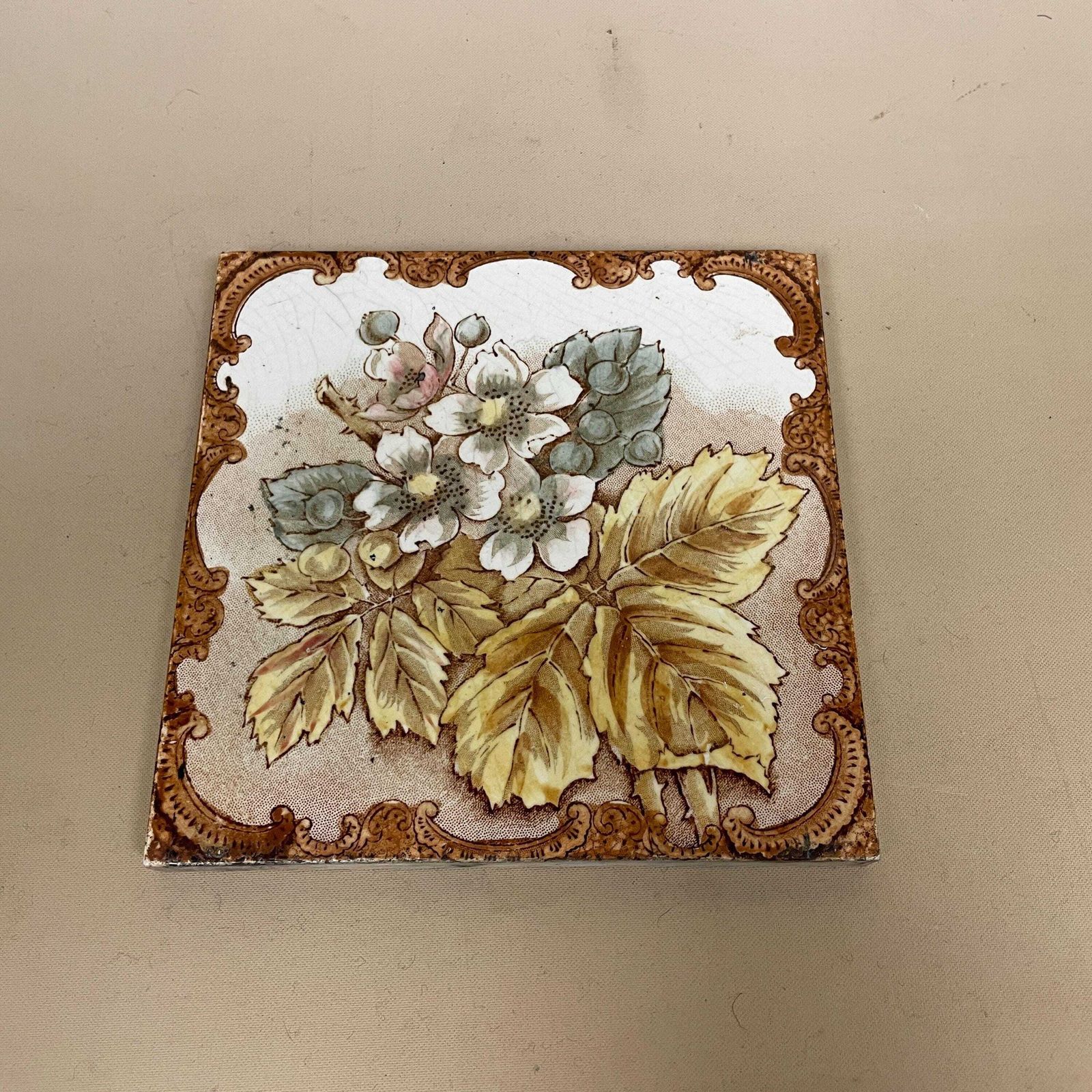 Antique Vintage Floral Tile Ceramic Square Old Floral Pattern 15.5x15.5cm Placemat Patterned Decorative Victorian Coaster Plant Stand Brown photo Home Fixtures