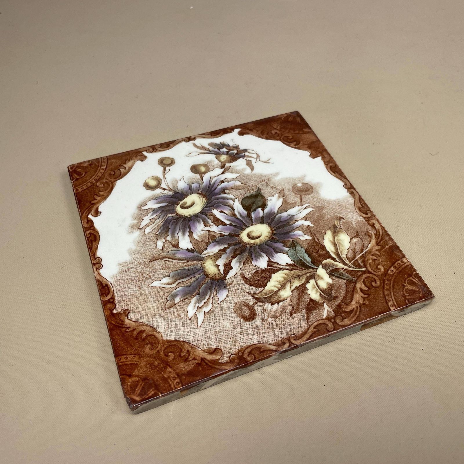 Antique Vintage Floral Tile Ceramic Square Old Floral Pattern 15.5x15.5cm Placemat Patterned Decorative Victorian Coaster Plant Stand Brown