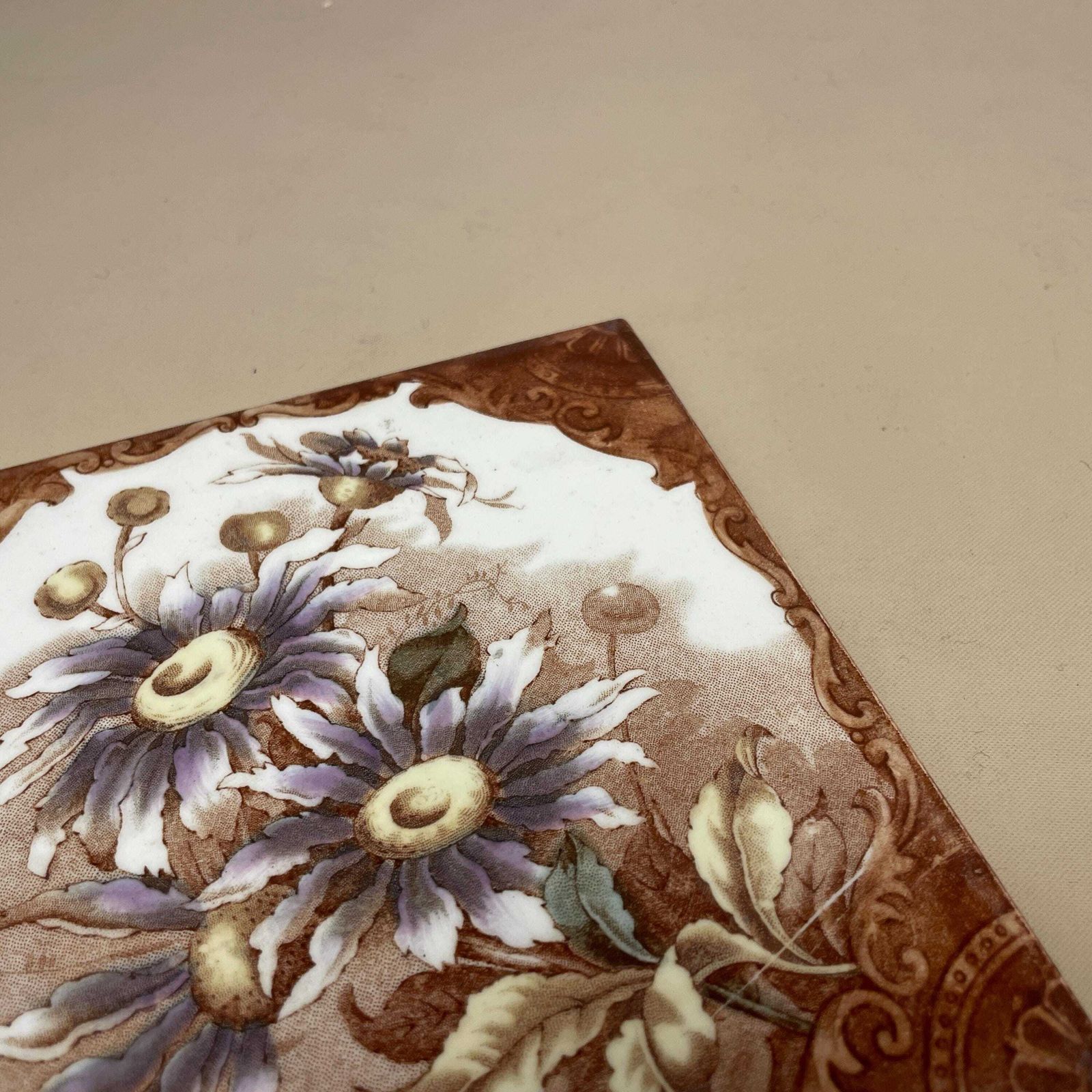 Antique Vintage Floral Tile Ceramic Square Old Floral Pattern 15.5x15.5cm Placemat Patterned Decorative Victorian Coaster Plant Stand Brown photo 55.0