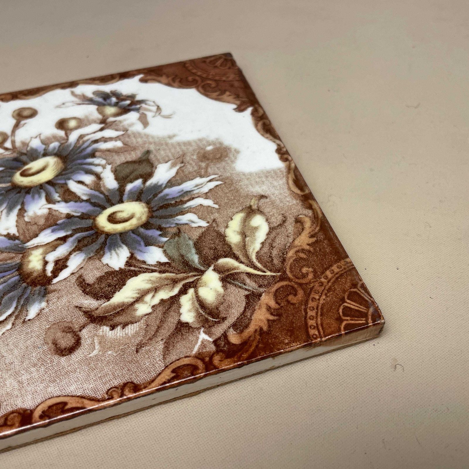 Antique Vintage Floral Tile Ceramic Square Old Floral Pattern 15.5x15.5cm Placemat Patterned Decorative Victorian Coaster Plant Stand Brown photo 55.0