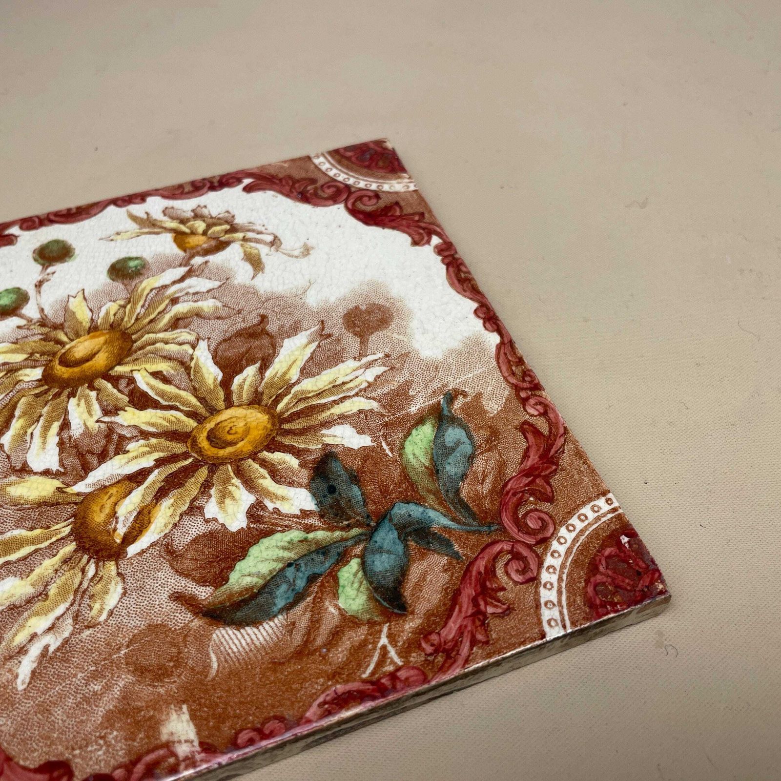 Antique Vintage Floral Tile Ceramic Square Old Floral Pattern 15.5x15.5cm Placemat Patterned Decorative Victorian Coaster Plant Stand Brown photo for sale