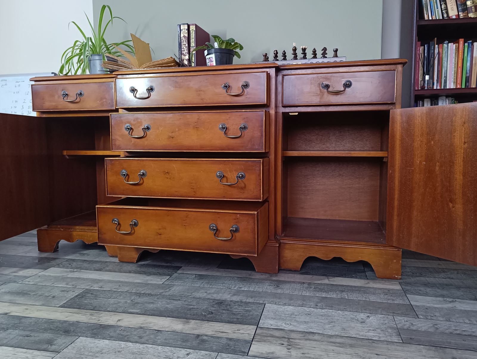Burr & Burl Yew Wood Faux Drawer Fronted Library Bookcase Sideboard With Shelves photo Furniture