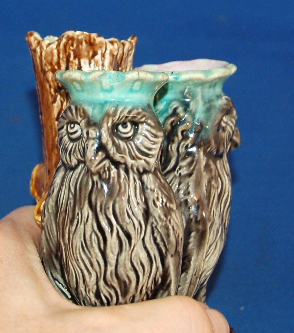 An Antique 19th Century Majolica Porcelain Dual Owl Bird Posy Vase photo Home Decor