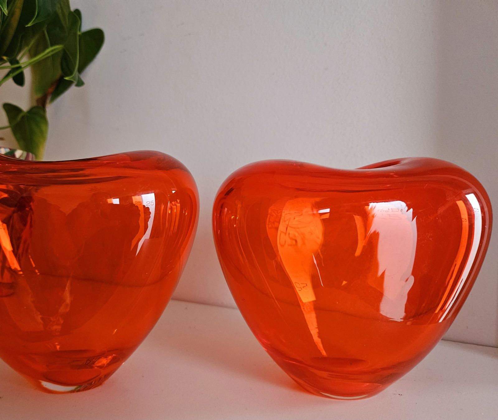 Pair Of Chunky Glass Heart Vases In Electric Orange photo 149.0