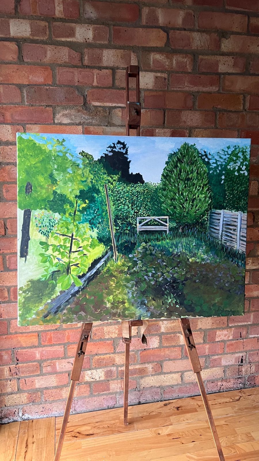 Late 20th Century Oil Painting On Stretched Canvas – Lush Garden Landscape photo furniture