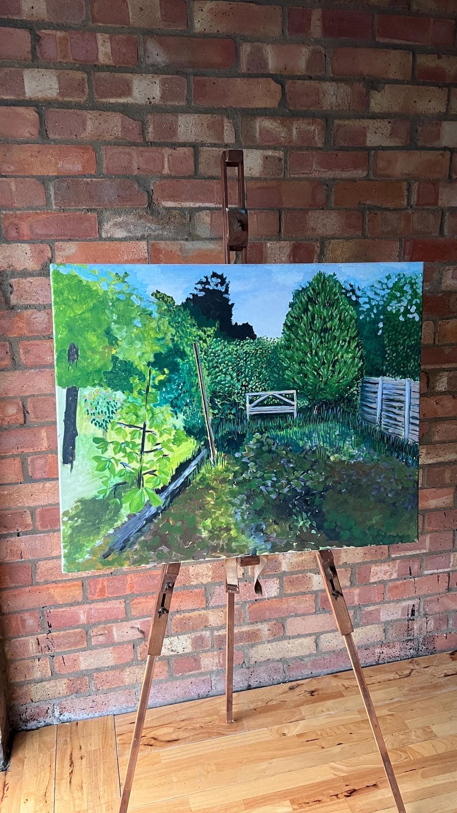 photo furniture Late 20th Century Oil Painting On Stretched Canvas – Lush Garden Landscape