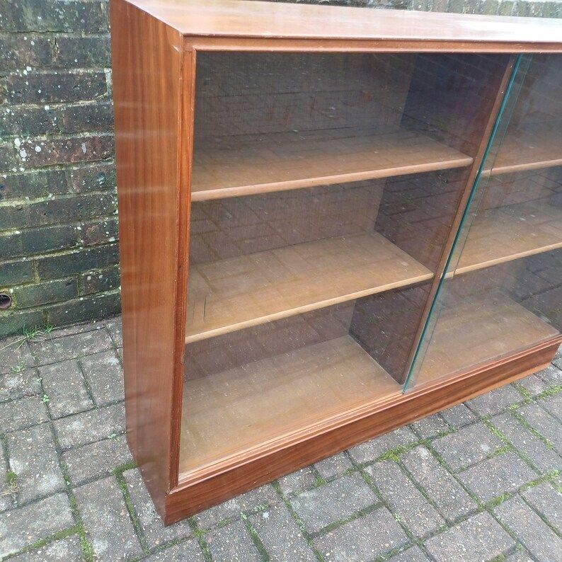 Classic Solid Wood Mid Century Retro Glazed Display Bookcase With Thick Glass Doors photo Furniture