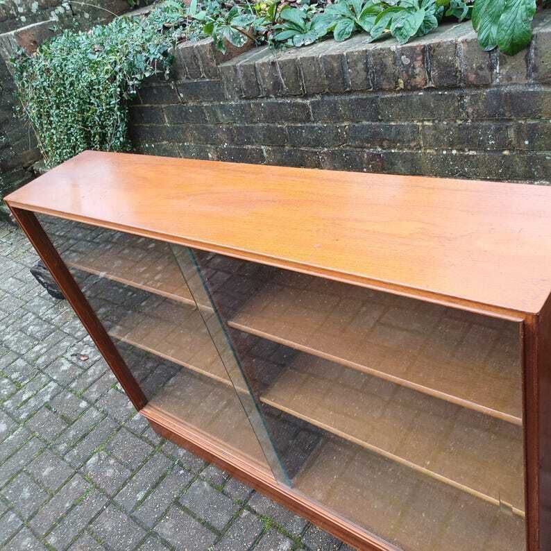 Classic Solid Wood Mid Century Retro Glazed Display Bookcase With Thick Glass Doors photo vinterior