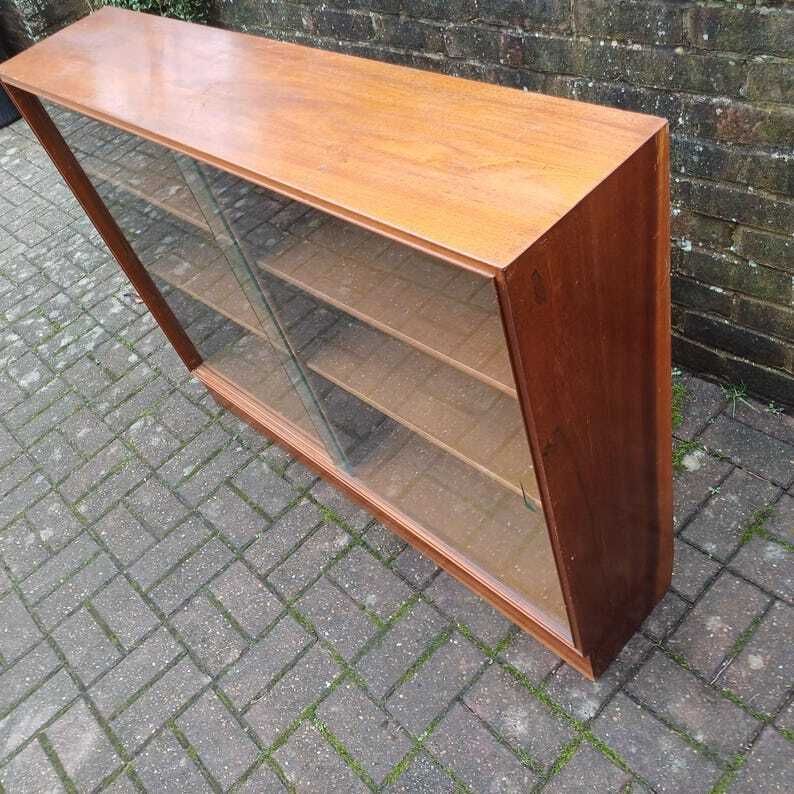 Classic Solid Wood Mid Century Retro Glazed Display Bookcase With Thick Glass Doors photo vintage