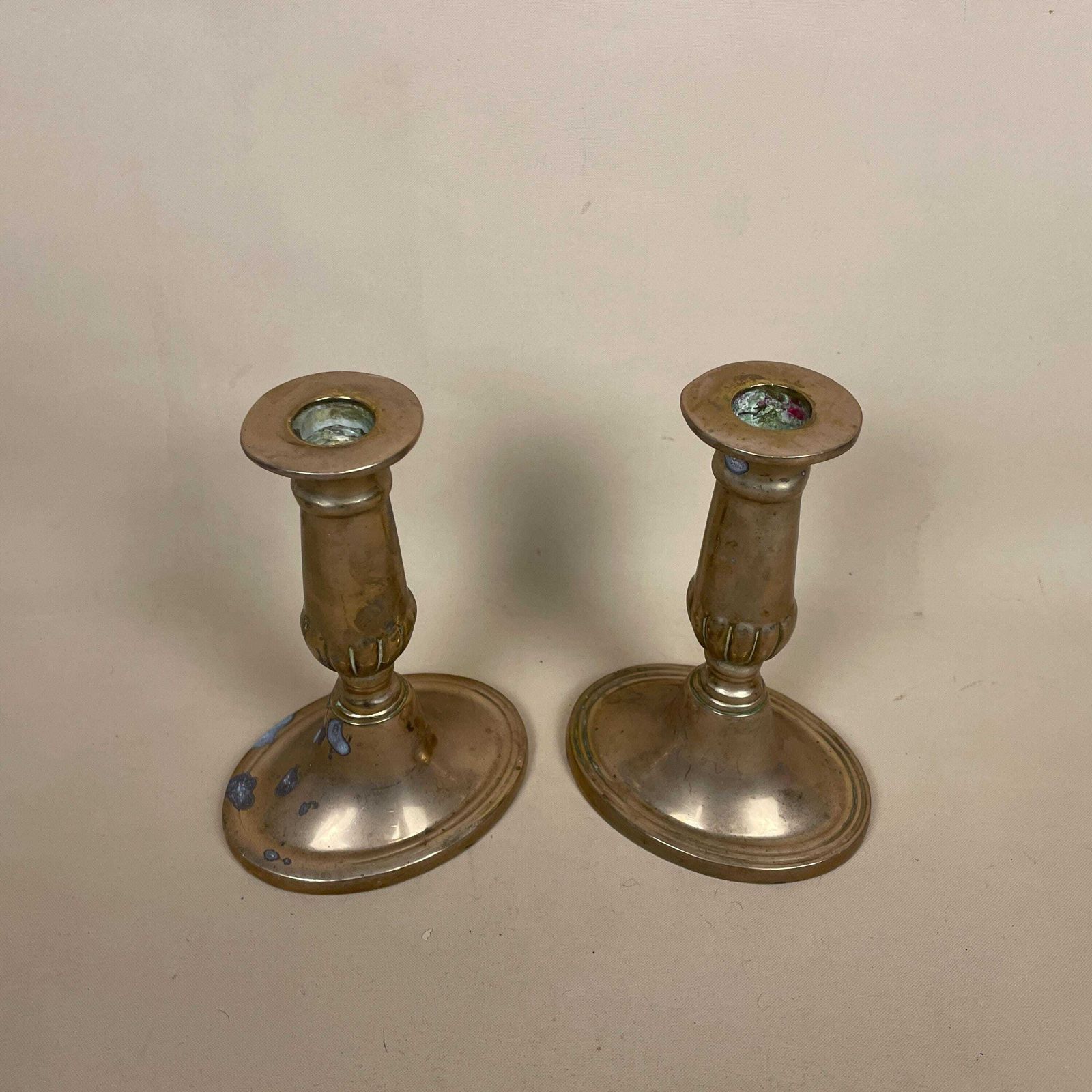 Antique Matching Pair Of Gold Solid Brass Metal Candlestick Candle Stick Vintage Column Taper Dinner Candlesticks Oval Base Set Aged Patina photo Home Decor