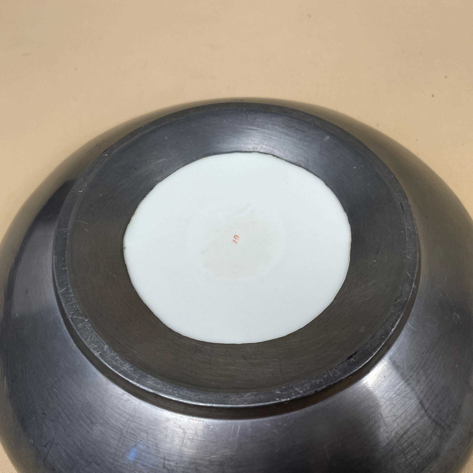 Antique Oriental Ceramic Hand Painted Fish Bowl Plate Chinese Decorative Asian Round Porcelain Metal Back White Orange 19.5cm Key Dish Coin photo vintage