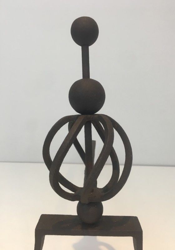 In The Style Of Jean Royère. Pair Of Wrought Iron Andirons. French. Circa 1940 photo vinterior