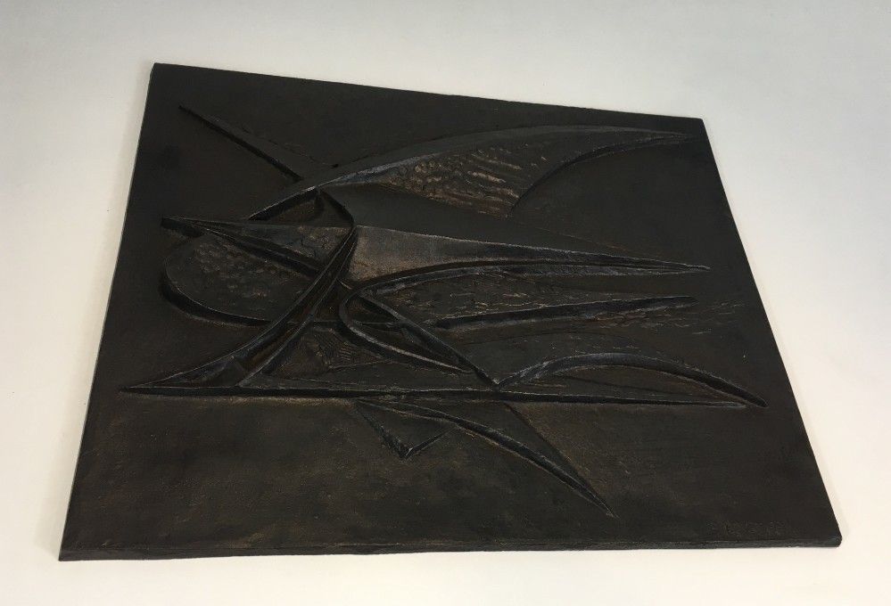 Modernist Cast Iron Fireback. Signed G Lecoff?. French. Circa 1950 photo for sale