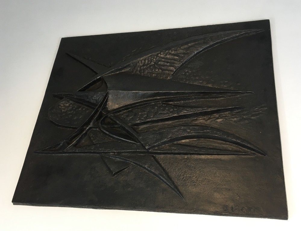 Modernist Cast Iron Fireback. Signed G Lecoff?. French. Circa 1950 photo Home Fixtures