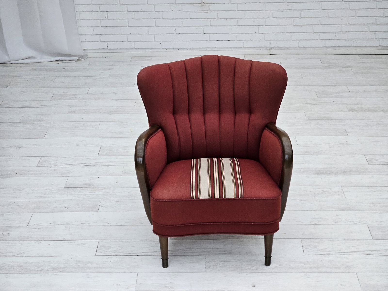 photo buy 1960s, Danish Armchair By Alfred Christensen, Red Furniture Wool Fabric, Original Condition.