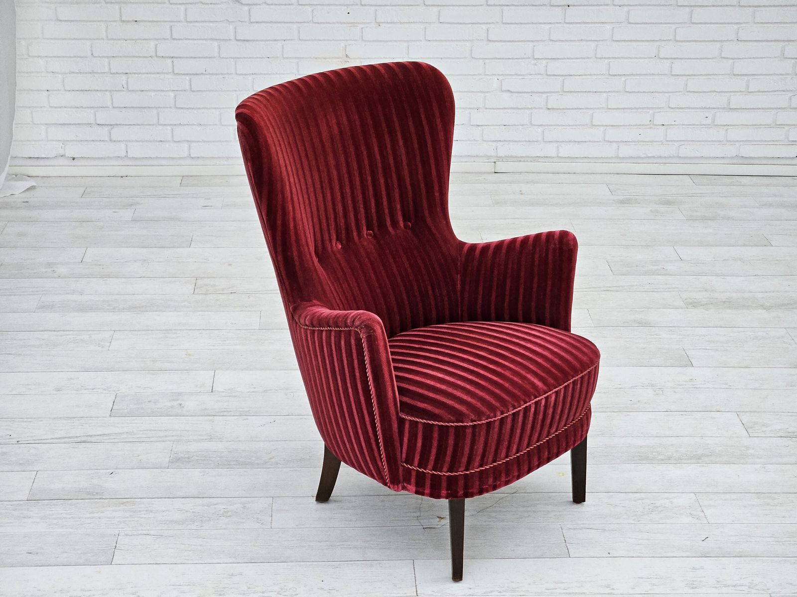 Ca. Jaren 1960, Deense Fauteuil In Kersrood Meubelvelours, Goede Staat. photo furniture